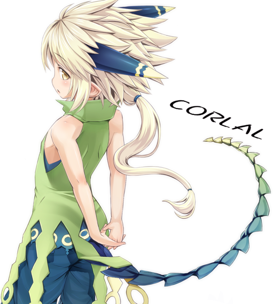 Anime picture 800x867 with summon night corlal (summon night) ell single long hair tall image blush simple background blonde hair standing white background yellow eyes tail looking back from behind androgynous clothes