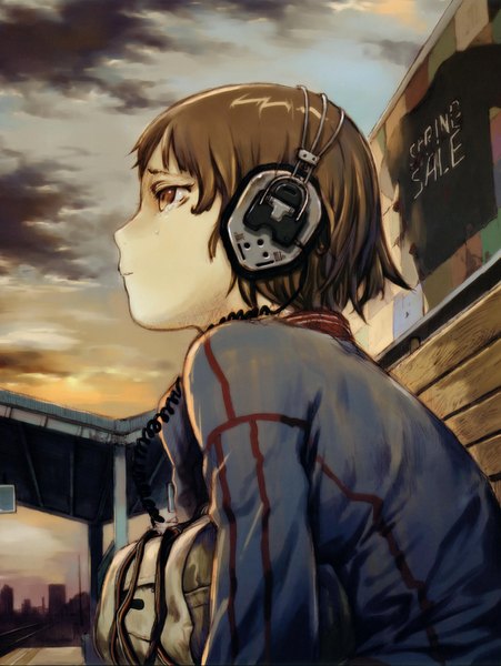Anime picture 3532x4698 with abe yoshitoshi single tall image highres short hair brown hair brown eyes absurdres cloud (clouds) crying girl headphones bag train station
