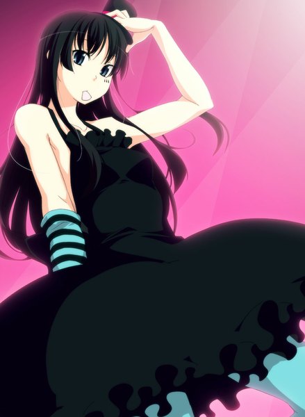 Anime picture 800x1092 with k-on! kyoto animation akiyama mio nagami yuu single long hair tall image looking at viewer blue eyes black hair simple background pink background girl dress hat