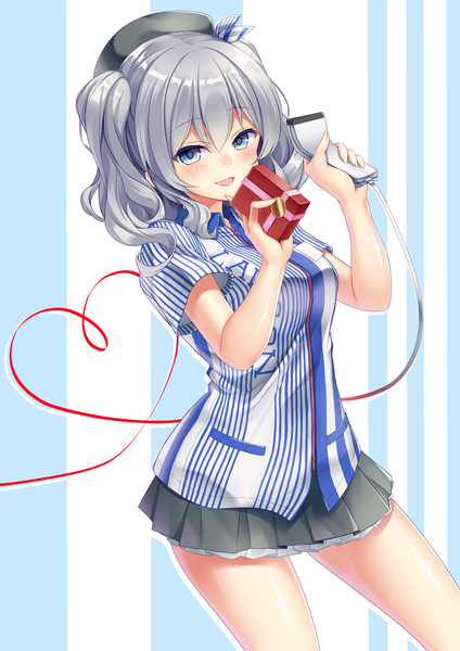 Anime picture 2314x3274 with kantai collection lawson kashima training cruiser mafuyun single long hair tall image blush fringe highres open mouth blue eyes hair between eyes twintails silver hair :d pleated skirt striped valentine striped background