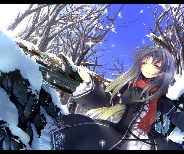 Anime picture 952x800 with touhou hijiri byakuren nejime single long hair blush fringe brown eyes looking away sky purple hair cloud (clouds) multicolored hair sparkle dutch angle letterboxed gradient hair spread arms winter snow