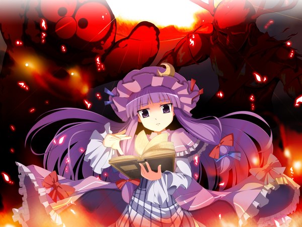 Anime picture 2250x1688 with touhou patchouli knowledge fujy long hair highres purple eyes purple hair magic demon girl dress book (books) cap