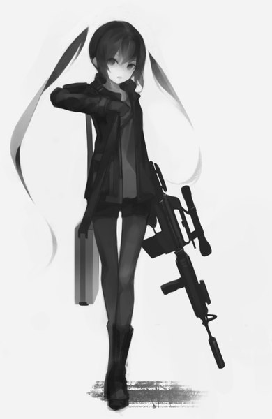 Anime picture 780x1199 with original gyup91 single tall image looking at viewer fringe black hair simple background hair between eyes standing white background twintails holding payot full body very long hair arm up black eyes open jacket thigh gap