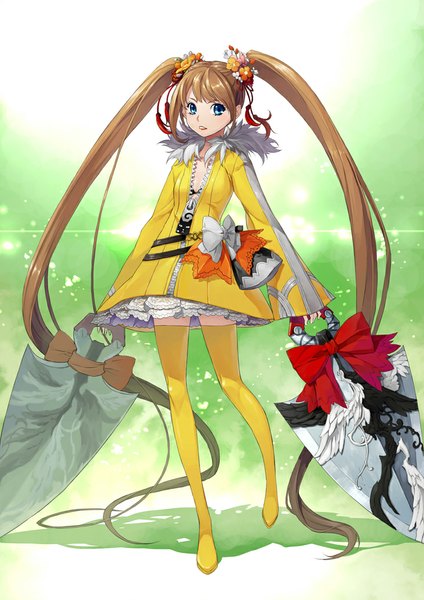 Anime picture 744x1052 with original justminor single tall image looking at viewer open mouth blue eyes brown hair standing twintails very long hair hair flower girl dress hair ornament flower (flowers) bow weapon thigh boots yellow dress