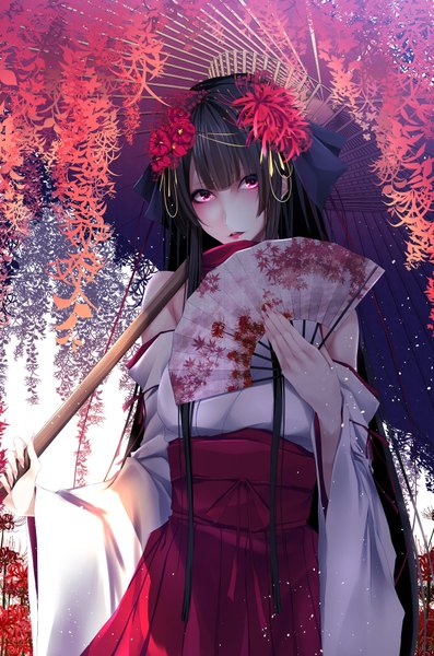 Anime picture 1325x2000 with original yoaferia single long hair tall image looking at viewer blush fringe open mouth black hair bare shoulders holding blunt bangs nail polish traditional clothes head tilt japanese clothes pink eyes hair flower fingernails