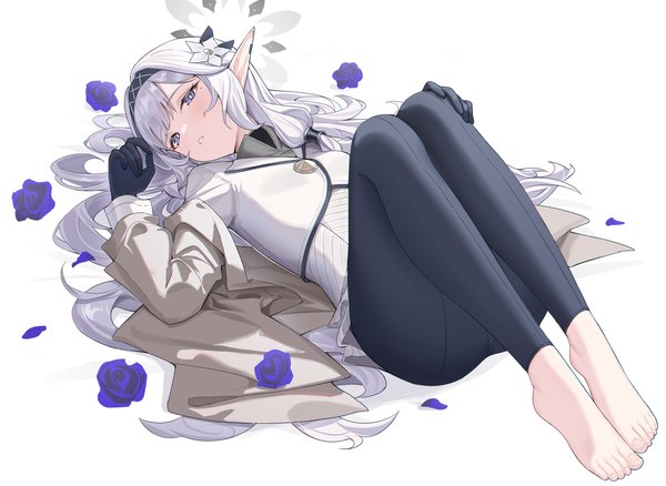 Anime picture 3188x2328 with blue archive himari (blue archive) tamago (eva1314056) single long hair looking at viewer blush highres simple background white background absurdres silver hair full body bent knee (knees) lying parted lips barefoot hair flower pointy ears off shoulder