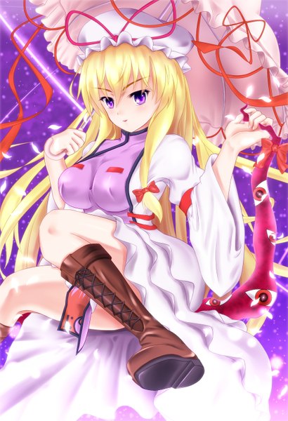 Anime picture 1024x1500 with touhou yakumo yukari toumin (artist) long hair tall image light erotic blonde hair purple eyes eyes girl dress ribbon (ribbons) boots umbrella bonnet