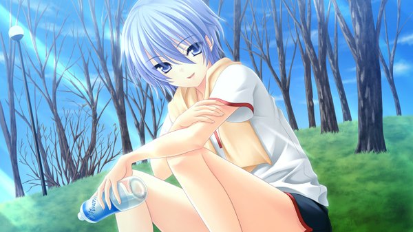 Anime picture 1280x720 with morobito kozorite (game) tagme (artist) short hair blue eyes light erotic wide image blue hair game cg towel around neck girl plant (plants) tree (trees) towel