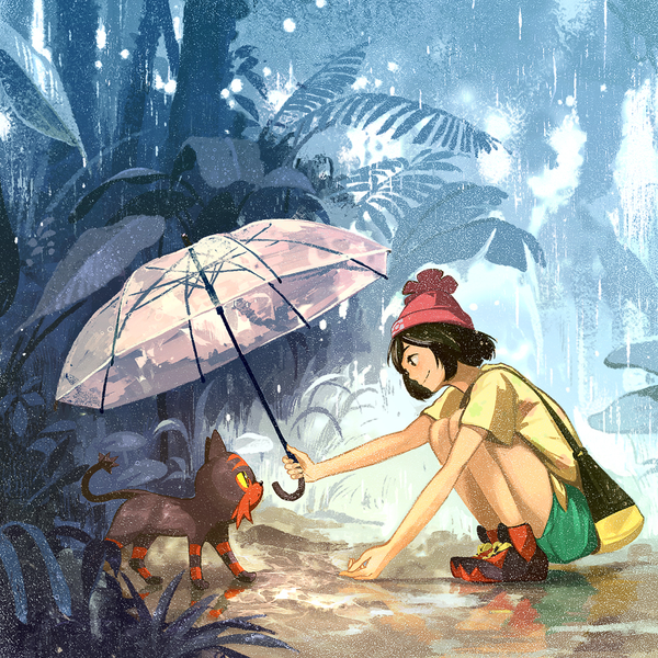 Anime picture 1000x1000 with pokemon pokemon sm nintendo selene (pokemon) litten gemi single blush short hair black hair smile holding yellow eyes looking away full body bent knee (knees) profile outstretched arm reflection rain