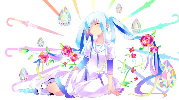 Anime picture 2500x1406 with vocaloid hatsune miku tanimo single highres simple background wide image white background twintails blue hair eyes closed very long hair hair flower closed umbrella girl dress hair ornament flower (flowers) boots umbrella