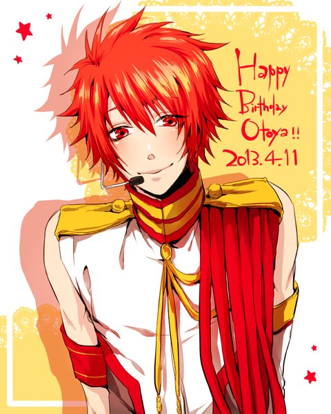 Anime picture 800x1000 with uta no prince-sama a-1 pictures ittoki otoya nayuta (hanayushi) single tall image looking at viewer blush short hair smile red eyes bare shoulders red hair from above dated happy birthday boy star (symbol) microphone