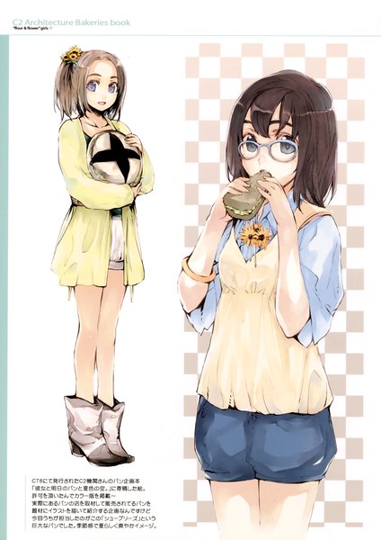 Anime picture 2475x3500 with onmi7 (artbook) fujishima (artist) tall image looking at viewer highres short hair open mouth blue eyes brown hair multiple girls ponytail hair flower scan hieroglyph eating checkered background girl hair ornament flower (flowers) 2 girls