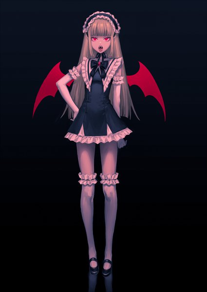 Anime-Bild 1416x2000 mit original ccakira000 single long hair tall image looking at viewer fringe open mouth simple background blonde hair standing payot full body blunt bangs pink eyes hand on hip black background bat wings vampire girl
