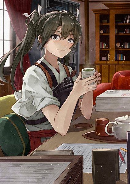 Anime picture 2894x4093 with kantai collection zuikaku aircraft carrier kanmiya shinobu single long hair tall image looking at viewer blush fringe highres black hair smile hair between eyes sitting twintails holding payot upper body indoors traditional clothes