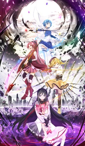 Anime picture 1167x2000 with mahou shoujo madoka magica shaft (studio) akemi homura kaname madoka sakura kyouko miki sayaka tomoe mami ume (plumblossom) long hair tall image short hair blue eyes black hair blonde hair red eyes twintails purple eyes multiple girls blue hair pink hair