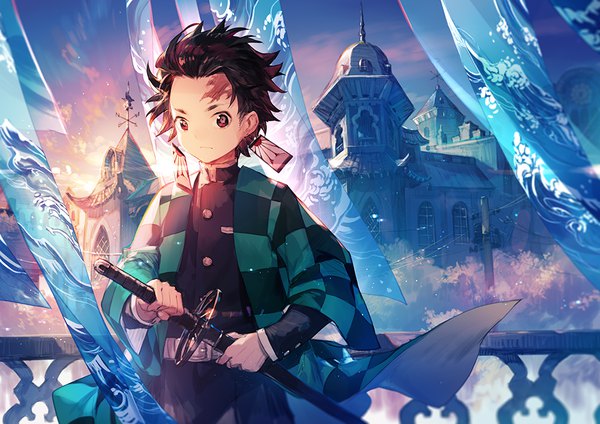 Anime picture 1000x707 with kimetsu no yaiba ufotable kamado tanjirou scorpion5050 single short hair red eyes brown hair upper body traditional clothes japanese clothes wind scar serious checkered unsheathing boy weapon earrings sword