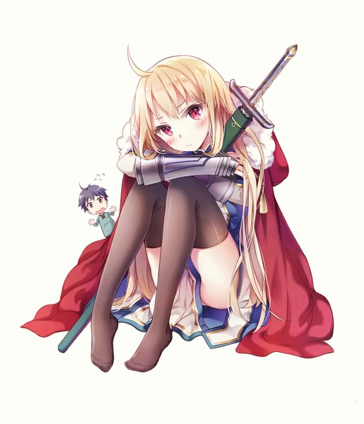 Anime picture 800x933 with tenkeiteki isekai tenseitan nyanya long hair tall image looking at viewer fringe short hair open mouth light erotic black hair simple background blonde hair red eyes white background sitting brown eyes ahoge bent knee (knees) head tilt no shoes