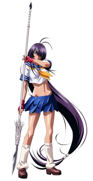Anime picture 3450x6712 with ikkitousen kanu unchou single long hair tall image highres blue eyes simple background white background absurdres purple hair very long hair scan official art midriff girl skirt navel uniform weapon