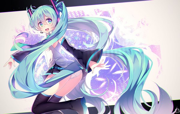Anime picture 2179x1388 with vocaloid hatsune miku niwashi (yuyu) single long hair looking at viewer highres open mouth light erotic smile twintails ass long sleeves very long hair looking back aqua eyes aqua hair wide sleeves pantyshot upskirt