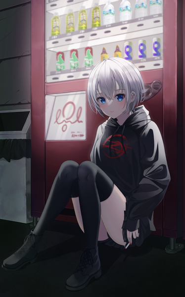Anime picture 3094x4966 with original flippy (cripine111) single tall image looking at viewer blush fringe highres short hair blue eyes light erotic hair between eyes sitting absurdres silver hair full body bent knee (knees) outdoors long sleeves nail polish