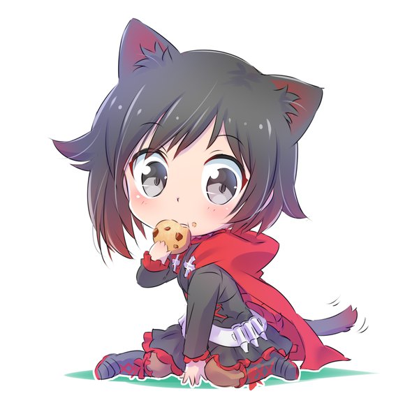 Anime picture 4000x4000 with rwby rooster teeth ruby rose iesupa single highres short hair black hair simple background white background sitting animal ears looking away absurdres full body tail animal tail cat ears cat girl cat tail