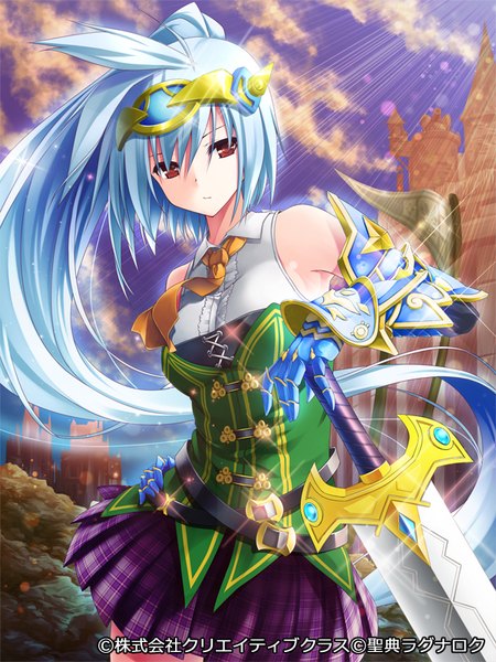Anime picture 600x800 with seiten ragnarok pochadon single tall image looking at viewer red eyes blue hair ponytail very long hair girl dress gloves weapon sword elbow gloves armor