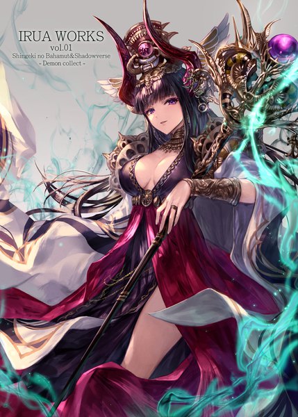 Anime-Bild 888x1243 mit shingeki no bahamut shadowverse irua single long hair tall image looking at viewer fringe breasts black hair large breasts standing purple eyes holding signed cleavage blunt bangs parted lips horn (horns) grey background