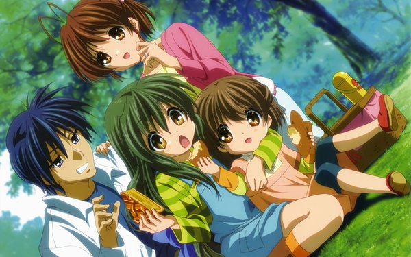 Anime picture 1920x1200 with clannad key (studio) furukawa nagisa ibuki fuuko okazaki ushio okazaki tomoya highres wide image