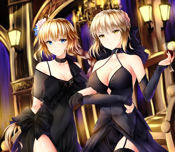 Anime picture 2000x1740 with fate (series) fate/grand order fate/apocrypha artoria pendragon (all) jeanne d'arc (fate) (all) saber alter jeanne d'arc (formal dress) (fate) wsman long hair looking at viewer blush fringe highres short hair breasts blue eyes light erotic blonde hair smile hair between eyes