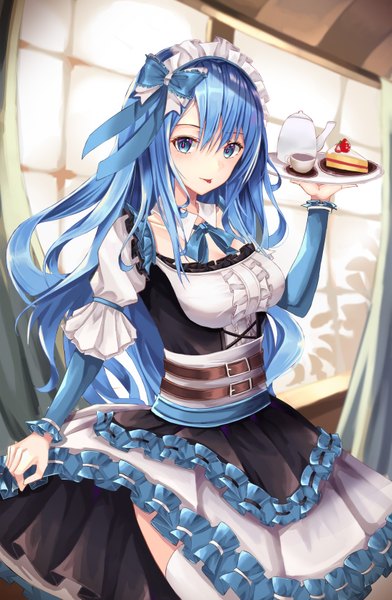 Anime picture 2200x3363 with original cup6542 single long hair tall image blush fringe highres breasts blue eyes smile hair between eyes standing holding blue hair indoors long sleeves maid :p frilled dress