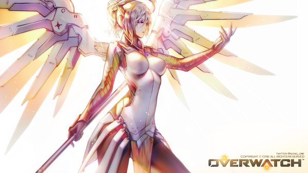 Anime picture 1920x1080 with overwatch blizzard entertainment mercy (overwatch) 'o'ne (ekdlem1) single fringe highres short hair blue eyes simple background hair between eyes wide image white background looking away silver hair ponytail profile copyright name outstretched arm mechanical wings