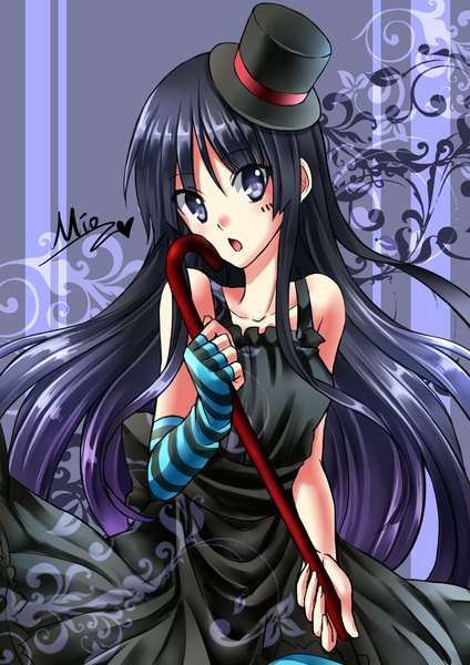 Anime picture 1024x1448 with k-on! kyoto animation akiyama mio kaikai single long hair tall image looking at viewer blush fringe breasts open mouth blue eyes black hair hair between eyes standing bare shoulders holding head tilt inscription