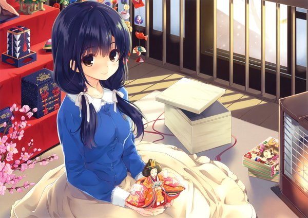 Anime picture 4601x3259 with original eshi 100-nin ten sakura koharu single long hair highres black hair smile twintails brown eyes absurdres cherry blossoms low twintails hinamatsuri (festival) girl dress doll (dolls) box