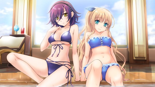 Anime picture 1280x720 with astraythem ginta long hair light erotic blonde hair wide image multiple girls green eyes yellow eyes game cg purple hair girl navel 2 girls swimsuit bikini hairband