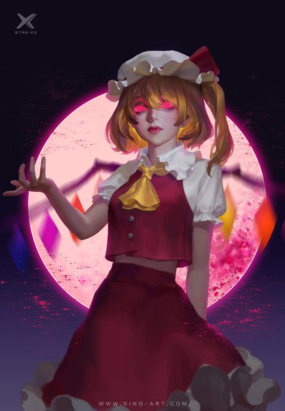 Anime picture 1500x2164 with touhou flandre scarlet starlab single tall image looking at viewer fringe short hair blonde hair hair between eyes realistic fang (fangs) puffy sleeves lipstick one side up glowing glowing eye (eyes) red lipstick red moon girl