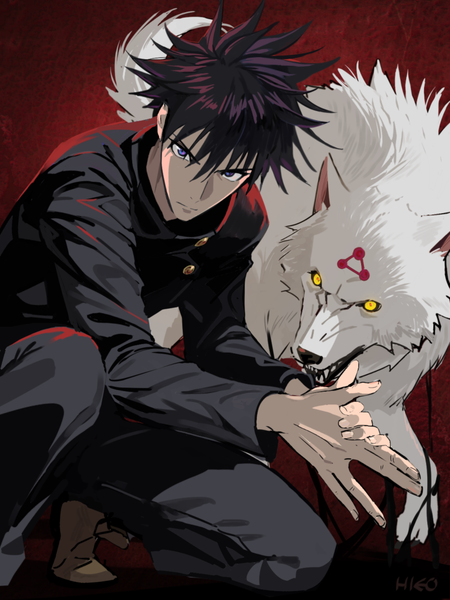 Anime picture 810x1080 with jujutsu kaisen mappa fushiguro megumi bum hico single tall image looking at viewer fringe short hair blue eyes black hair hair between eyes squat red background hands clasped spiked hair boy uniform animal dog
