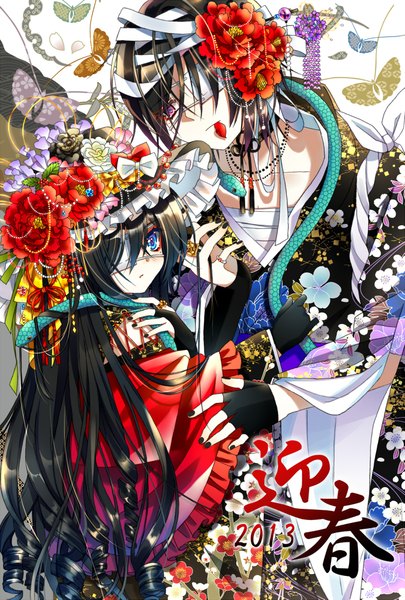 Anime picture 1377x2039 with original kei (inueki) long hair tall image short hair open mouth blue eyes black hair purple eyes nail polish traditional clothes head tilt japanese clothes hair flower text mouth hold new year curly hair boy gloves