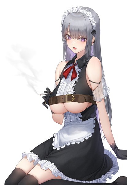 Anime picture 1500x2172 with original ame 816 single long hair tall image looking at viewer fringe breasts open mouth light erotic simple background hair between eyes large breasts white background sitting purple eyes bare shoulders holding grey hair mole