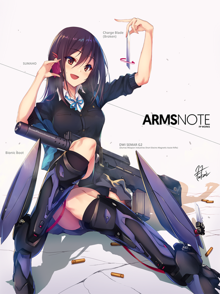 イラスト 800x1065 と arms note bionic joshikousei (fukai ryousuke) 深井涼介 ソロ 長髪 長身像 赤面 開いた口 黒髪 赤い目 looking away inscription 女の子 スカート 武器 ミニスカート ブーツ 銃砲 携帯