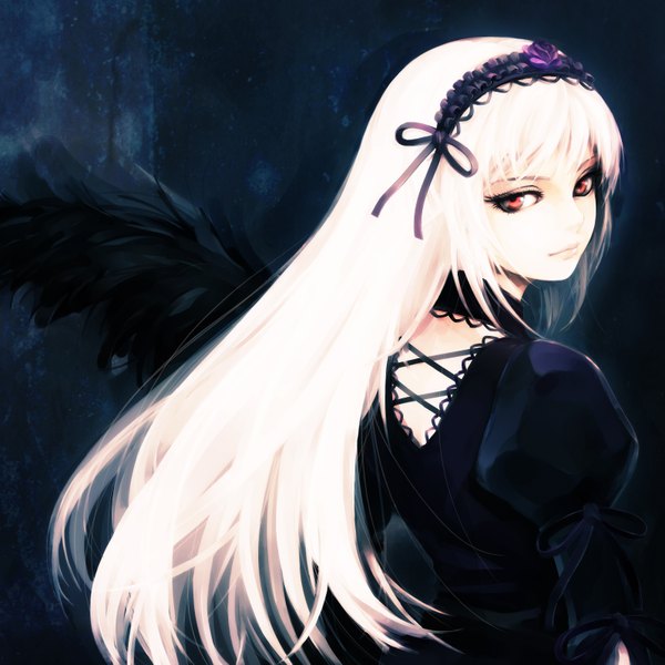 Anime picture 3191x3191 with rozen maiden suigintou hironox single long hair highres red eyes absurdres white hair looking back lips angel wings black wings gothic girl dress hairband