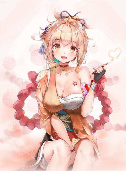 Anime picture 1474x2003 with genshin impact yoimiya (genshin impact) scup single tall image looking at viewer blush fringe short hair breasts open mouth light erotic simple background blonde hair smile large breasts sitting holding yellow eyes cleavage