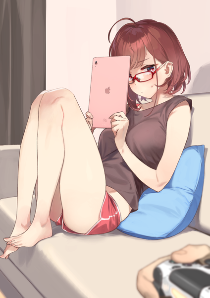 Anime picture 2121x3000 with original apple inc. kinshi no ane 92m tall image looking at viewer blush fringe highres short hair red eyes brown hair holding full body ahoge bent knee (knees) indoors blunt bangs barefoot embarrassed