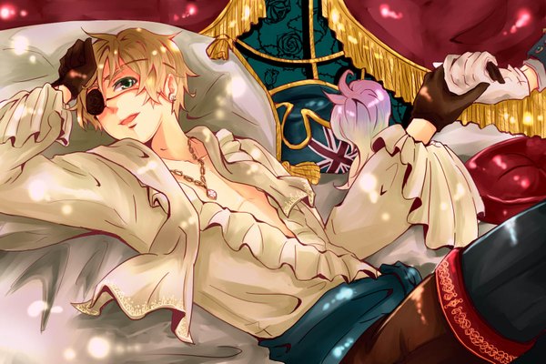 Anime picture 1600x1067 with axis powers hetalia studio deen united kingdom (hetalia) short hair blonde hair lying boy gloves jewelry eyepatch