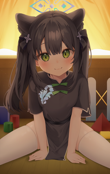 Anime picture 3200x5050 with blue archive shun (blue archive) shun (small) (blue archive) reel (riru) single long hair tall image looking at viewer blush fringe highres light erotic black hair smile sitting twintails green eyes animal ears absurdres indoors