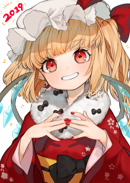 Anime picture 1290x1821 with touhou flandre scarlet gotoh510 single tall image looking at viewer blush short hair blonde hair red eyes upper body nail polish traditional clothes head tilt japanese clothes one side up dated new year red nail polish 2019