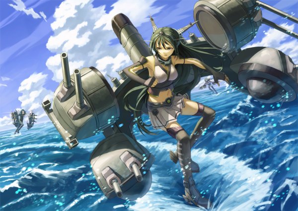 Anime picture 1300x921 with kantai collection nagato battleship ta-class battleship ru-class battleship kurione (zassou) long hair black hair multiple girls brown eyes looking back aqua eyes bare belly girl thighhighs skirt gloves navel weapon swimsuit miniskirt