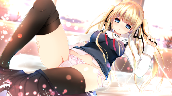 Anime picture 1920x1080 with saenai heroine no sodatekata a-1 pictures sawamura spencer eriri kabako (lilypicture410v) single long hair looking at viewer blush highres blue eyes light erotic blonde hair wide image twintails open clothes wallpaper symbol-shaped pupils girl thighhighs uniform