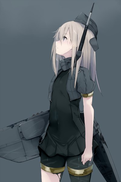 Anime picture 900x1350 with kantai collection u-511 submarine akiha (attract) single long hair tall image fringe simple background standing looking away silver hair profile grey background short sleeves torn clothes covered navel looking up girl dress black dress