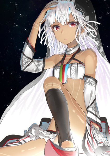 Anime picture 605x860 with fate (series) fate/grand order altera (fate) hakuishi aoi single tall image looking at viewer short hair light erotic red eyes sitting bent knee (knees) white hair arm up dark skin hand on head girl detached sleeves