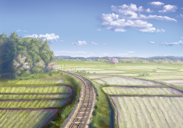 Anime picture 1653x1165 with geshi sky cloud (clouds) no people landscape field tree (trees) forest railways rice paddy